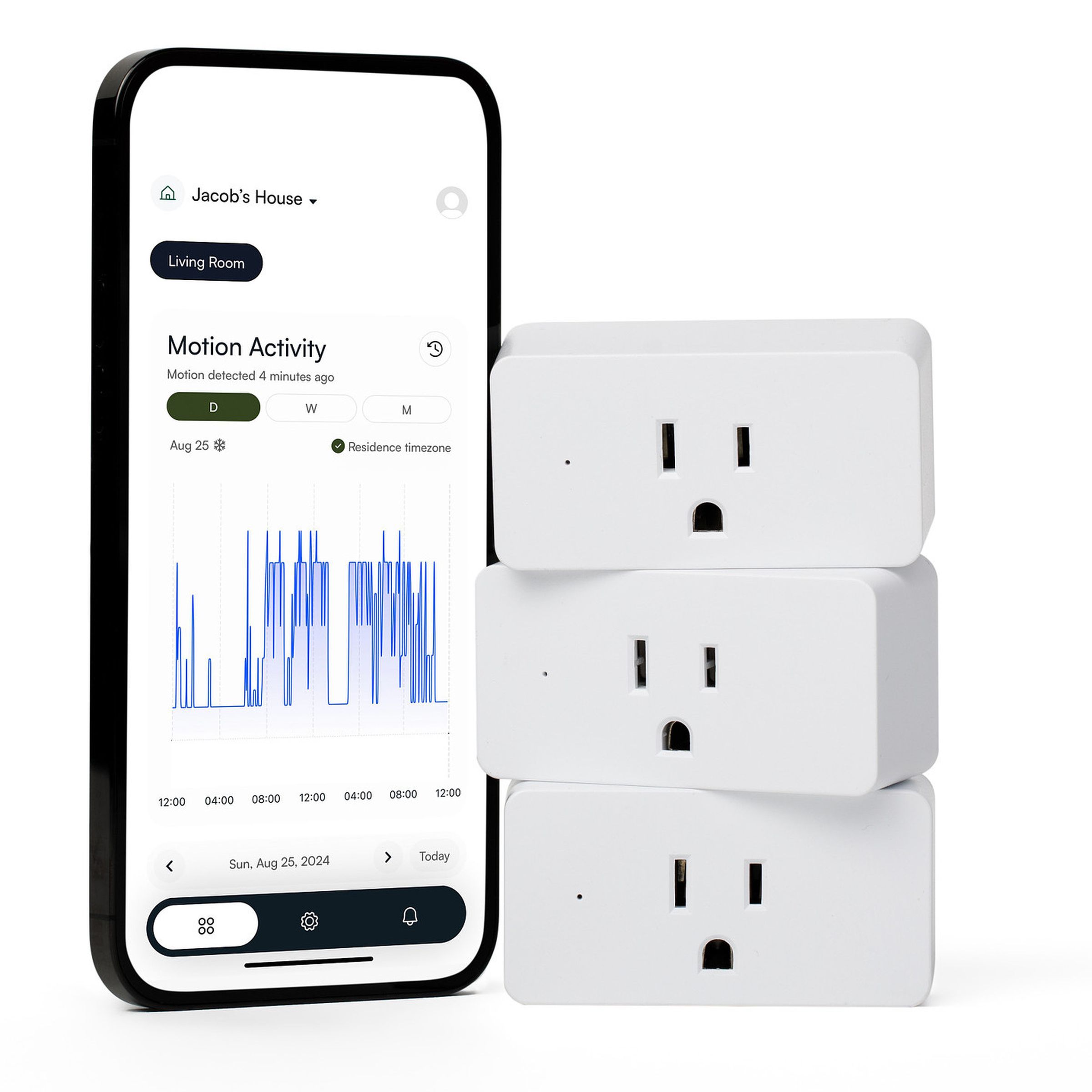 Three of the plugs stacked next to a phone with the Threshold app, displaying motion activity over the last day.