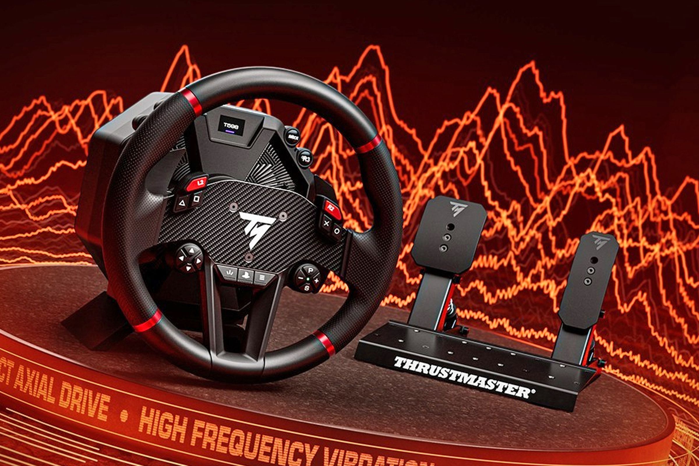 Thrustmaster’s T598 racing wheel next to its Raceline Pedals LTE.
