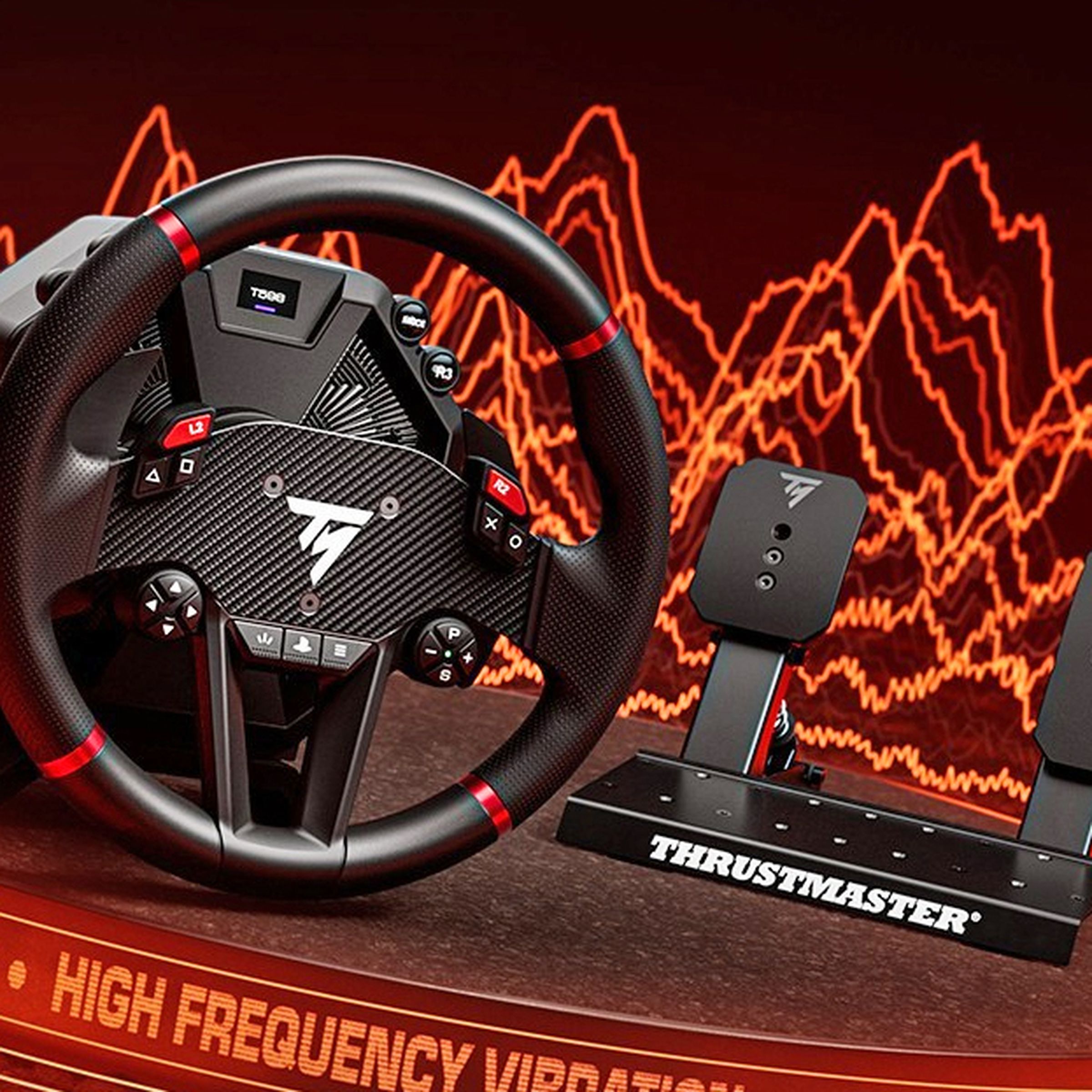 Thrustmaster’s T598 racing wheel next to its Raceline Pedals LTE.