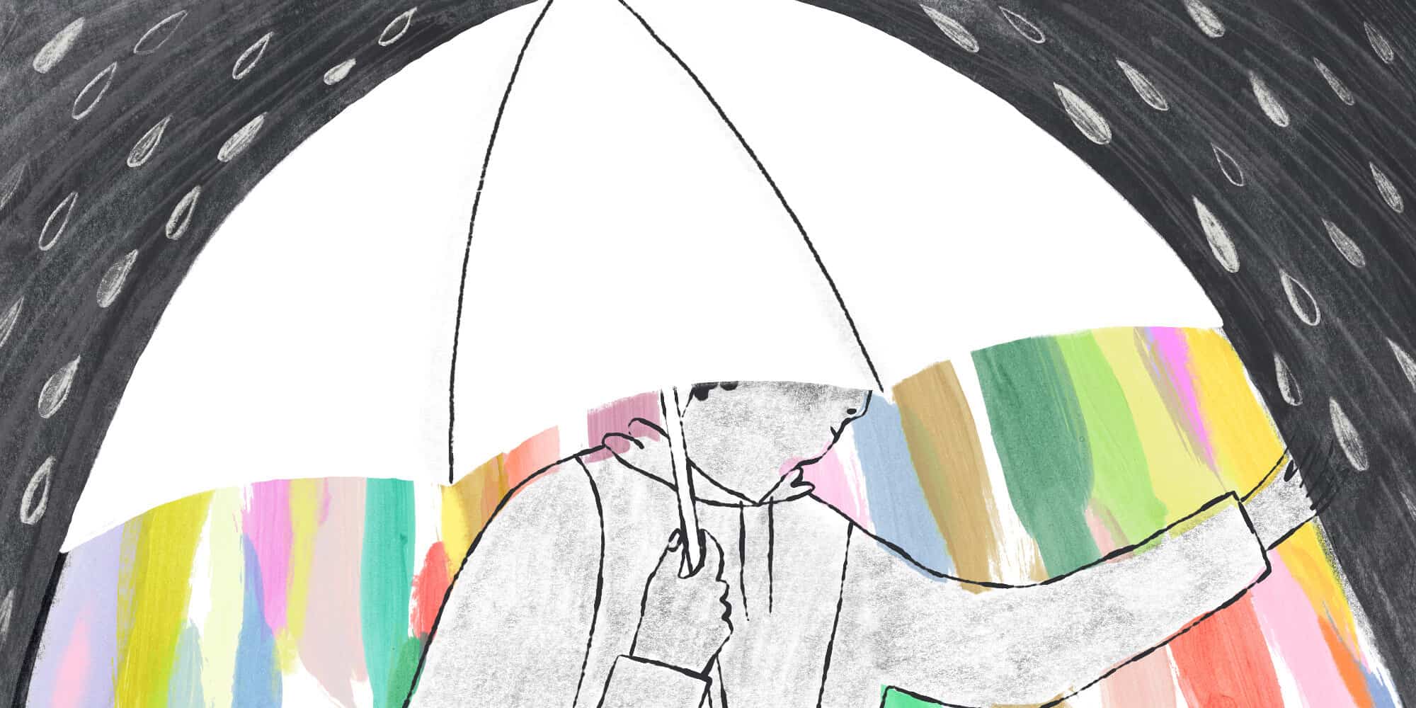 An illustration of a young person holds an umbrella and is protected from the dark storm above, with the colors of the rainbow cascading  beneath the canopy.