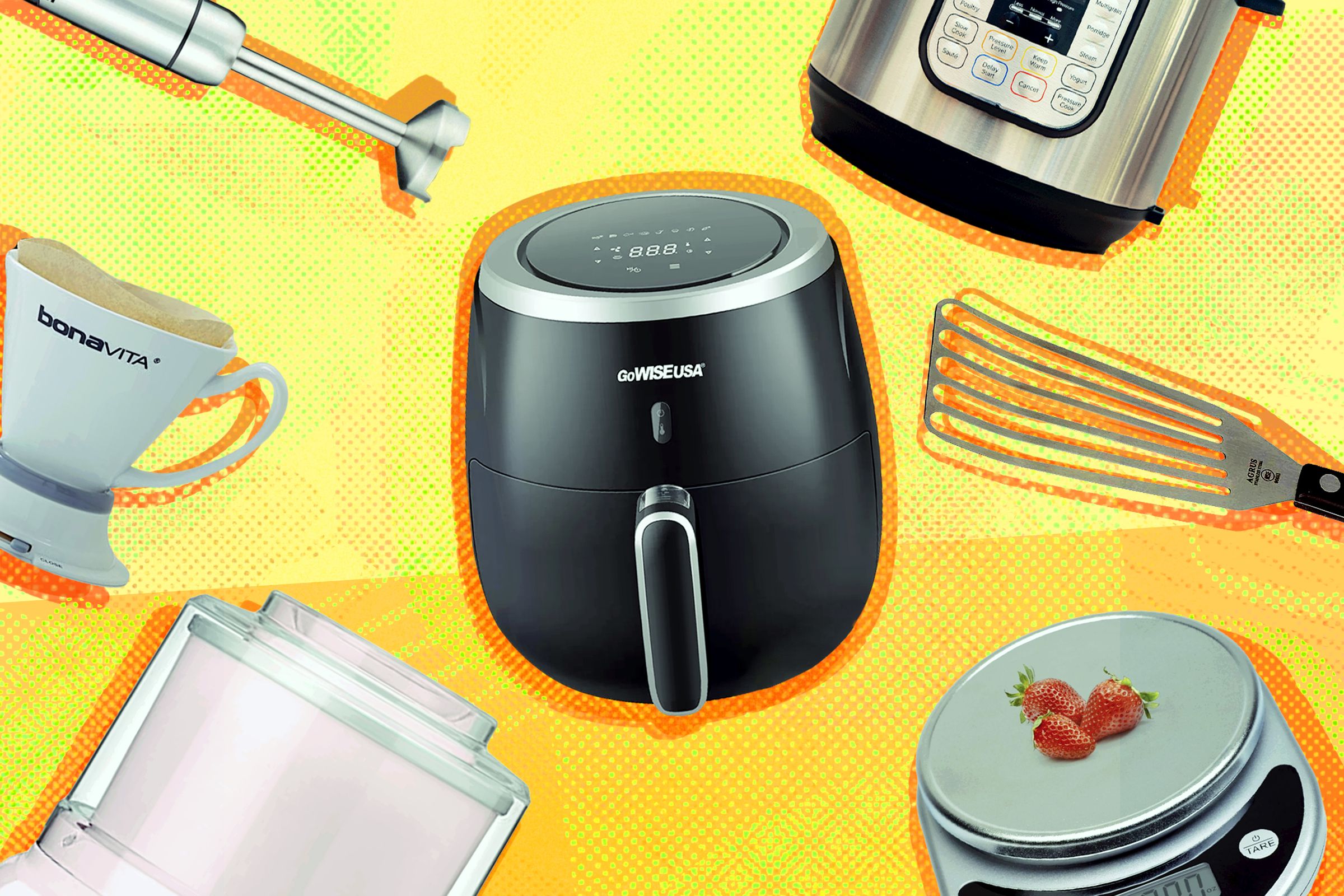 An illustration featuring various kitchen appliances, including an air fryer 
