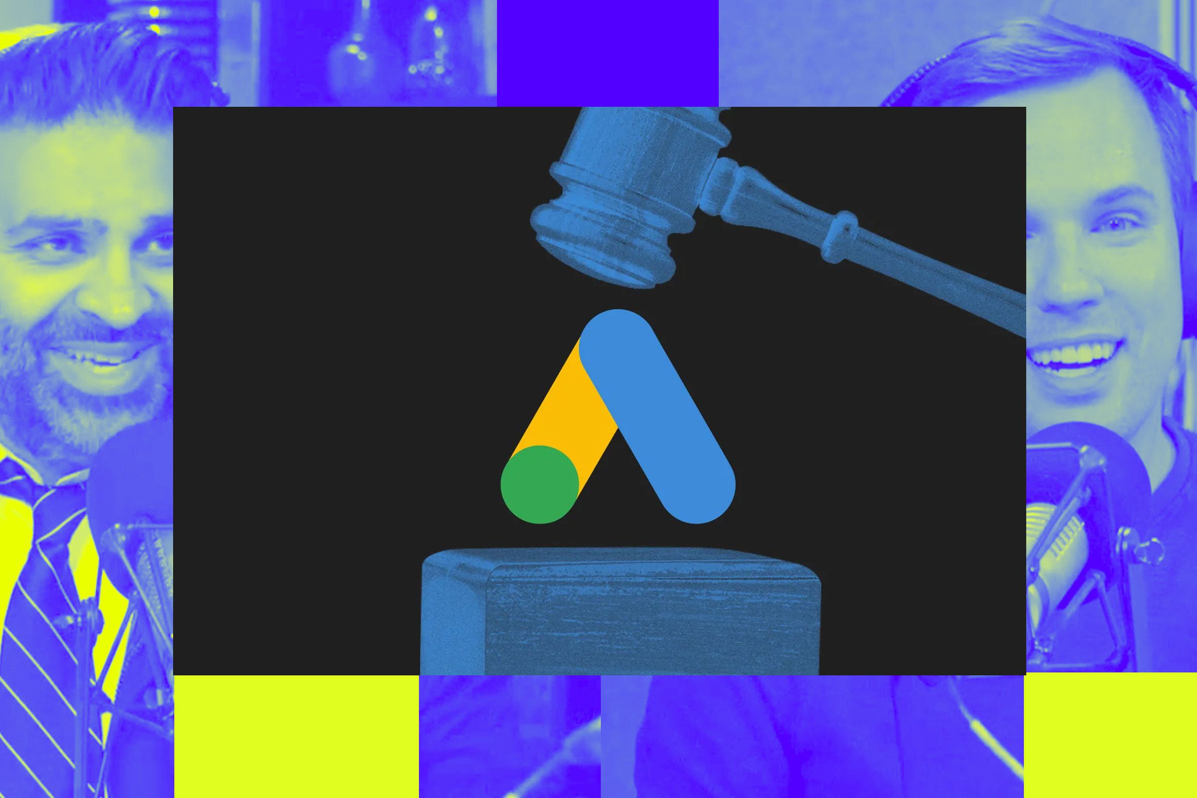 An illustration of a gavel on a Google logo, over the Vergecast illustration.