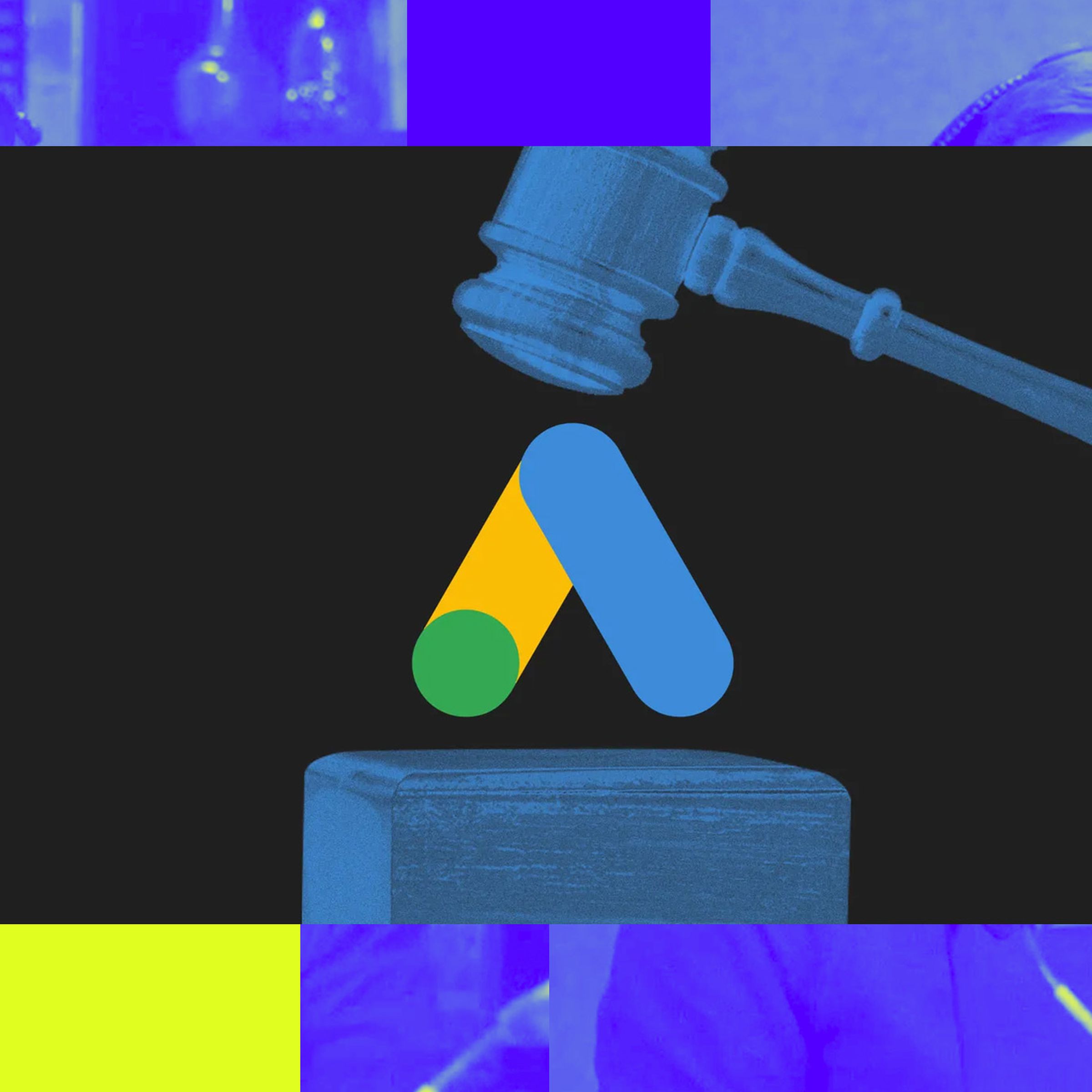 An illustration of a gavel on a Google logo, over the Vergecast illustration.
