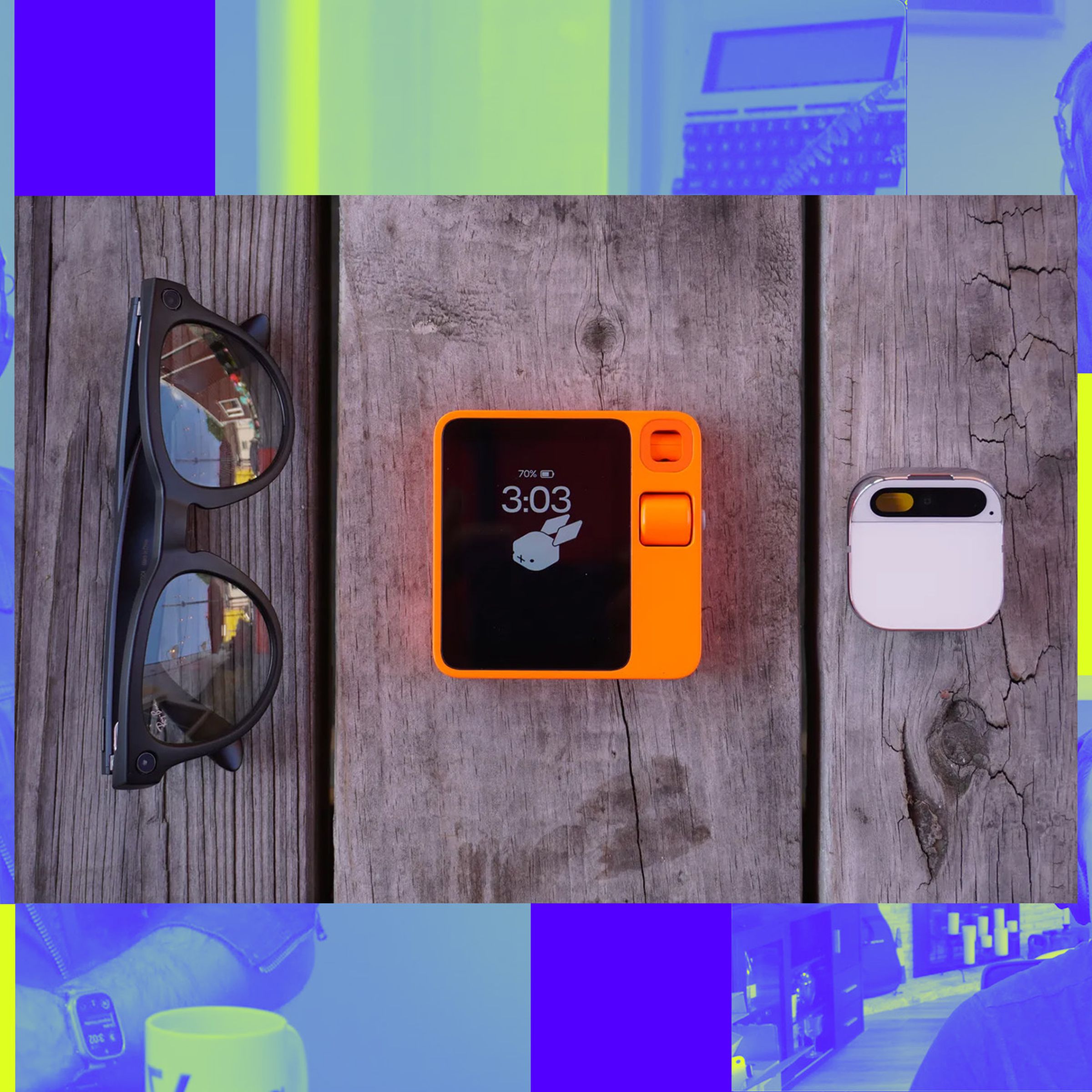 A photo of the Meta Ray-Ban glasses, the Rabbit R1, and the Humane AI Pin, over the Vergecast team.
