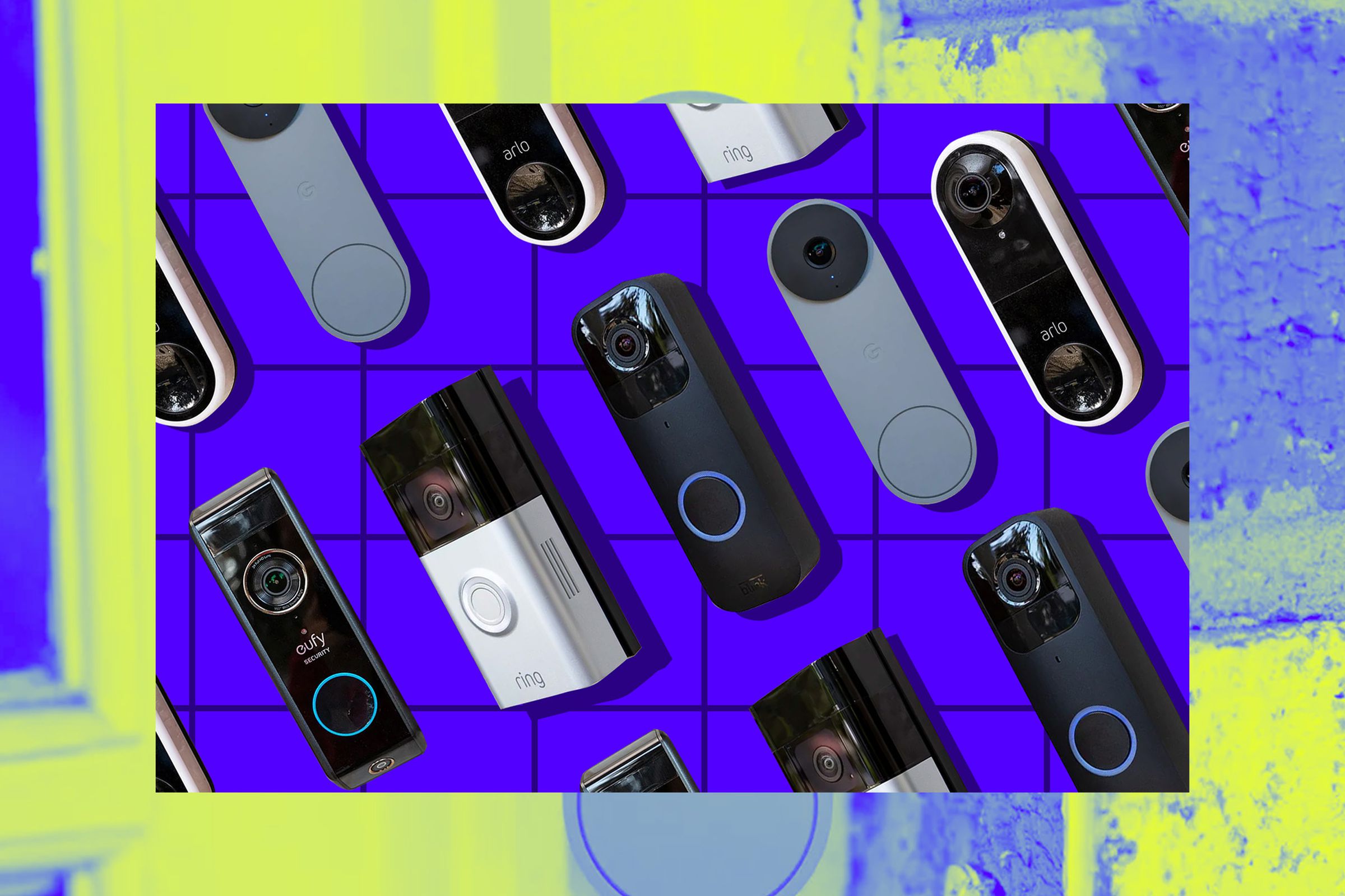 Photos of various video doorbells, over a Vergecast illustration.