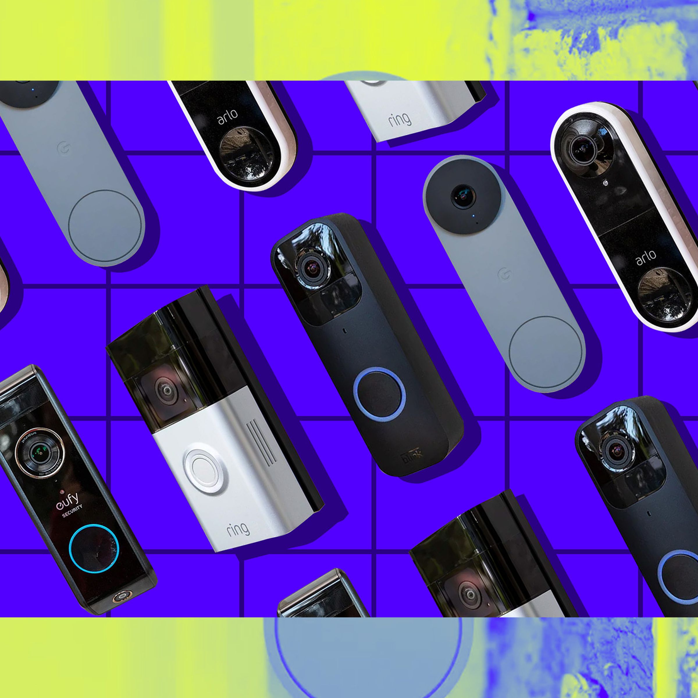 Photos of various video doorbells, over a Vergecast illustration.