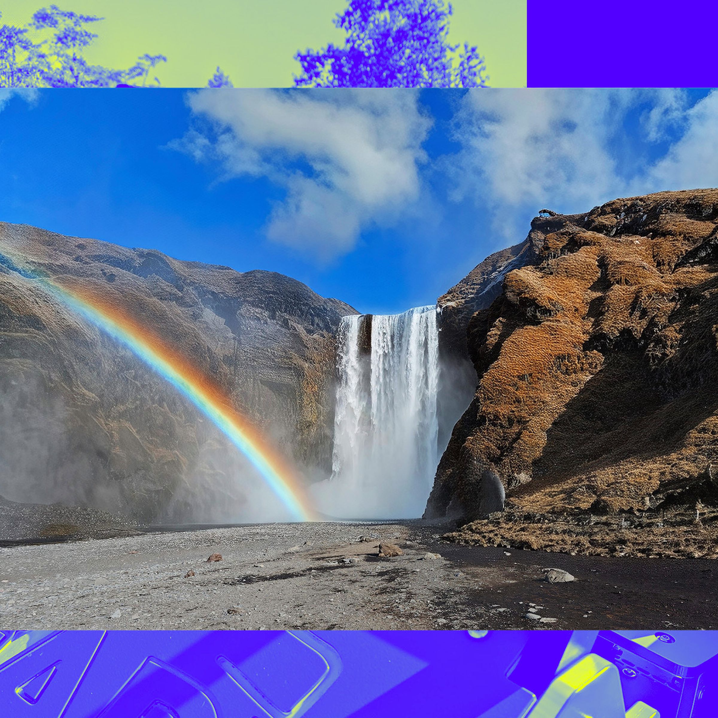 An AI photo of a waterfall, over a Vergecast illustration.