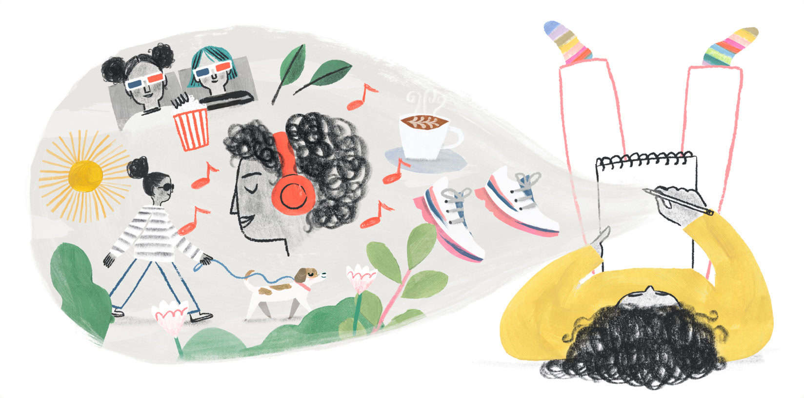 An illustration of a young woman in striped socks about to write or draw in her notebook. In a word balloon extending from the page, various elements related to improving mental are depicted, such as listening to music, walking a pet, and so on.