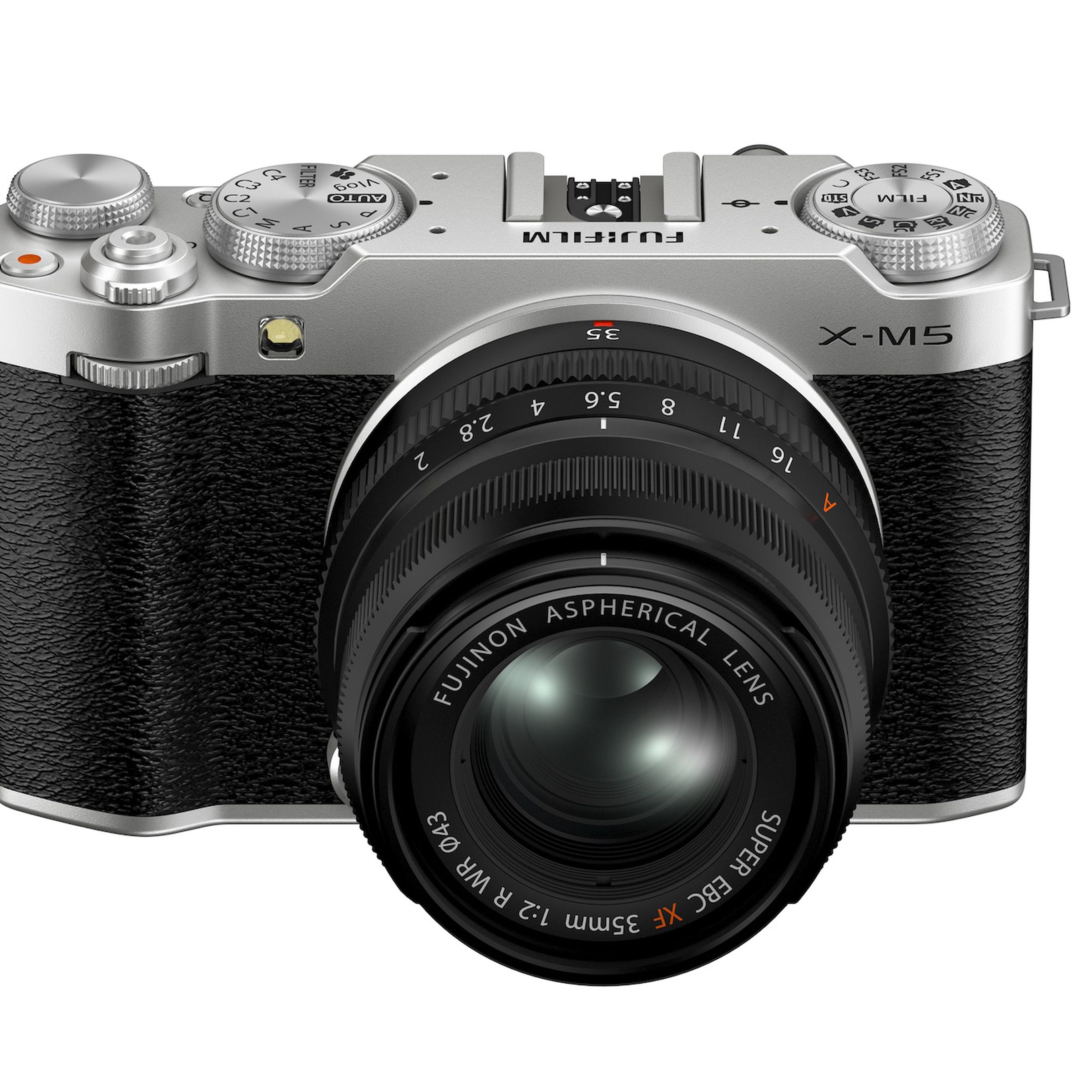 A marketing image of the Fujifilm X-M5 camera.