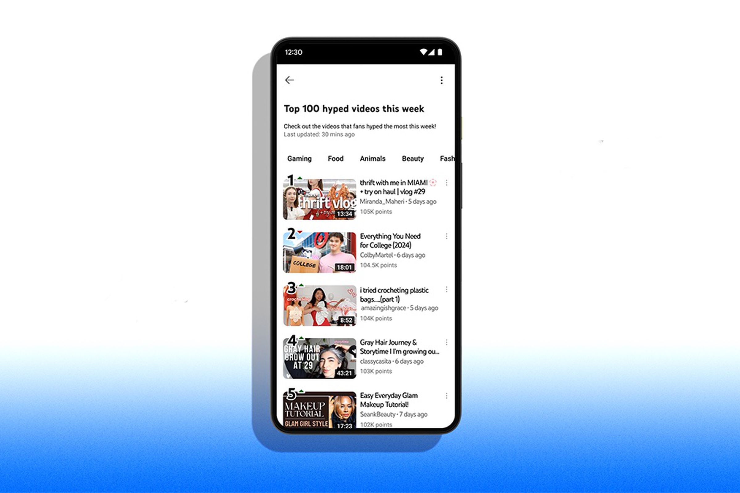 A phone running YouTube’s app, showing the Hype leaderboard.